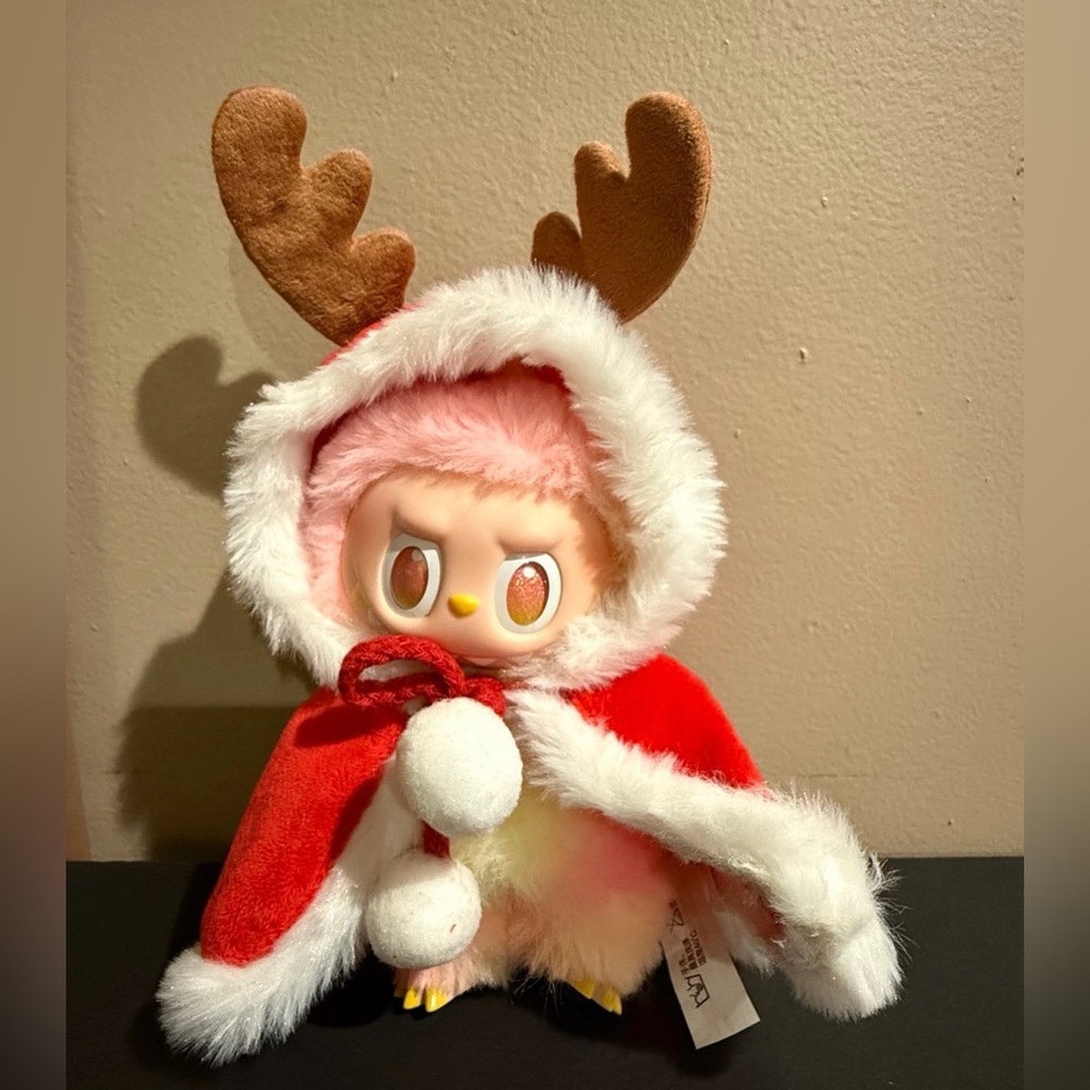 Labubu outfit Red and white Christmas hooded cape with reindeer antlers